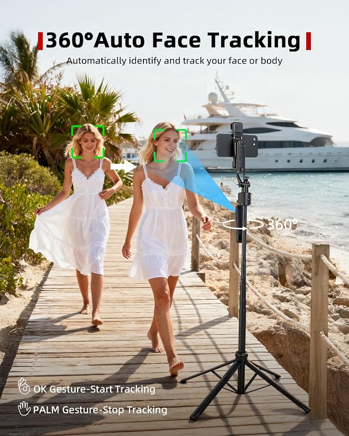 Auto Face Tracking Selfie Stick Tripod for iPhone with Light 360° Rotation That Follows Your Movement 63" Camera Tripod Stand with Remote for Content Creator Vlog Live Stream Video Recording - Image 3