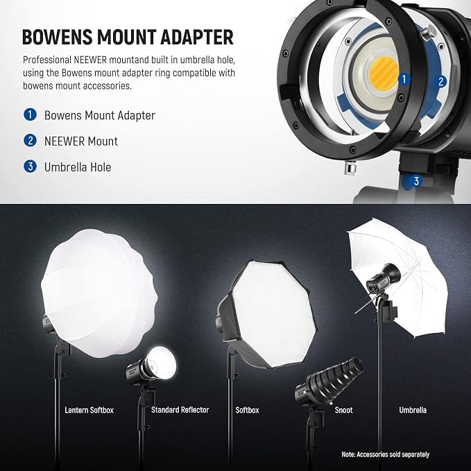 NEEWER MS60B LED Video Light 2.4G/APP Control, 65W Metal Mini Compact COB Continuous Output Lighting Spotlight 2700K-6500K, 40000lux@1m, CRI 97+/TLCI 98+, 12 Effects, PWM Dimming, Bowens Mount, Silver - Image 8