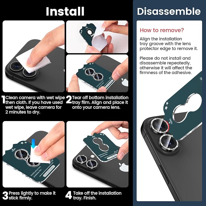 Tensea for iPhone 16/16 Plus Camera Lens Protector Bling, Camera Cover | 9H Tempered Glass Camera Screen Protector, Metal Individual Ring for iPhone16 6.1inch/ 16Plus 6.7inch, HD Clear, Easy Install - Image 7