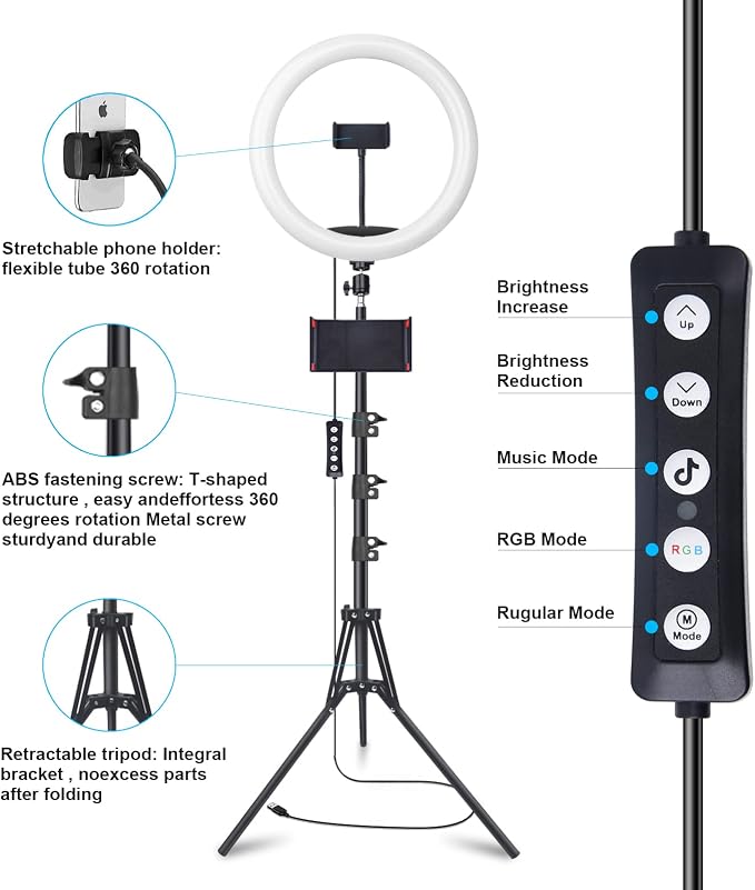 10" Selfie Ring Light with 73" Tripod Stand & 1 Phone Holder, LED Camera Ringlight with 48 RGB Colors Modes & Musical Rhythm Mode and 12 Brightness Dimmable for TikTok/Makeup/Photography/Vlog - Image 9