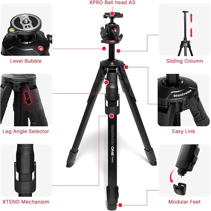 Manfrotto ONE Photo, Aluminum Tripod Kit, XPRO Ball Head Arca Swiss, 26.4lbs Load, 90° Horizontal Column, XTEND Legs Fast Setup, Modular Feet, Professional Photo Tripod Kit, DSLR & Mirrorless Cameras - Image 2