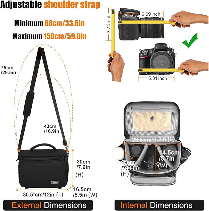 Cwatcun Large Camera Sling Bag, Crossbody Case with Rain Cover | Fits 1DSLR+2 lenses+9.6" iPad+tripod. 18mm EPE foam, Tripodholder included, adj strap 16.9-29.5", luggage strap. - Image 4