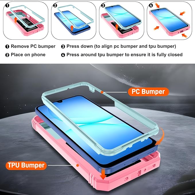 Gritup for Galaxy A17 5g Phone Case with Camera Cover | 2*Screen Protector & 360° Rotating Ring Kickstand, Military Grade Protective Cover para Galaxy A16/ A 17, Green+Pink - Image 3