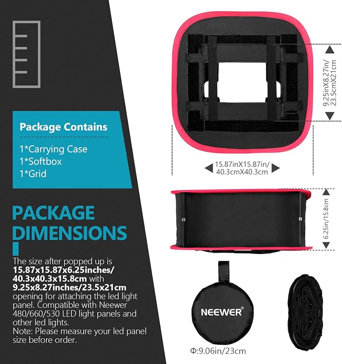 NEEWER Foldable Softbox Light Box with Strap Clip, Grill and Carry Bag | Compatible with NEEWER 480/660/530 LED Light Panels, Opening 9.3 x 8.3 in, Black + Red - Image 2