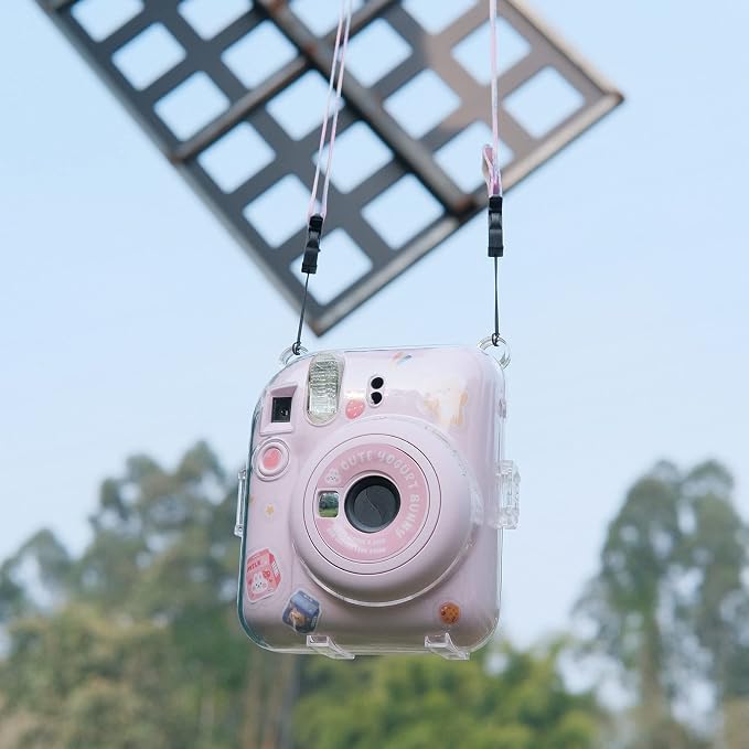 Rieibi Clear Case Compatible with Fuji Instax Mini 12, Carrying Case Bag for Fujifilm Instax Mini 12 Instant Camera with Photo Storage Pocket, Strap and Cute Sticker - Pink - Image 6