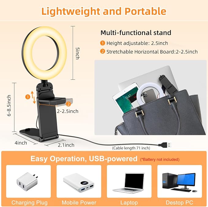 2Packs-Ring Light for Computer Laptop,Video Conference Lighting kit for Zoom Meetings,5" Small Led Selfie Light Portable DeskLight with Stand,Cell Phone Holder Desktop Lighting for Skype Call Black - Image 5