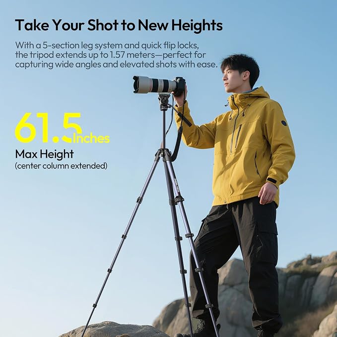 ULANZI Ombra Xiang Ⅱ Camera Video Tripod w Fluid Head, 61.5" Travel Tripod w 360° Rotated Arca Quick Release Plate, Portable Stand for Phone Camera Vlogging Video Shooting with Carry Bag Phone Clamp - Image 2