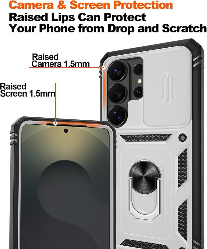 Gritup for Samsung Galaxy S26 Ultra Case: 2*Screen Protector | Slide Camera Cover | Build in 360° Rotating Ring Kickstand | Military Grade Protective Cover for Samsung S 26 Ultra, White+Black - Image 5