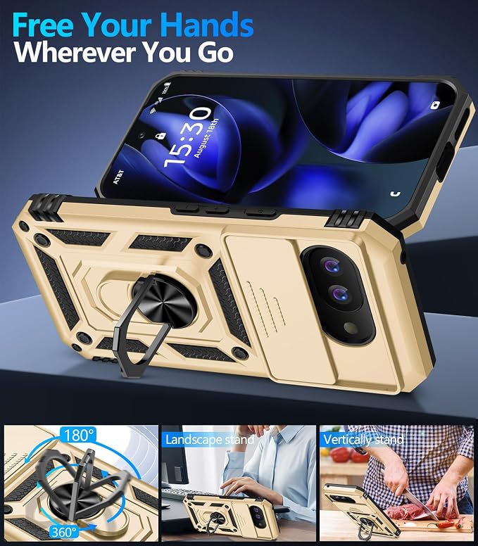 Taisairu for Google Pixel 9A Case with Screen Protector & Slide Camera Lens Cover, Built-in 360°Rotate Magnetic Ring Stand Shockproof Protective Phone Case for Google Pixel 9A Case (Gold) - Image 3