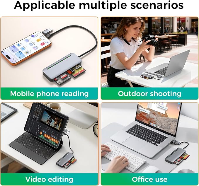 CFast Card Reader 6-in-1, USB 3.0 Multi Card Reader for CFast/CF/SD/TF/XD/MS, Simultaneous Read 6 Cards, 5Gbps High-Speed Data Transfer, Aluminum, Compatible with MacBook, Windows, PC, iPhone 17-15 - Image 8