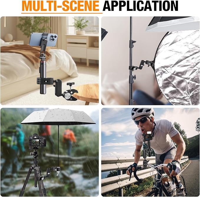 Super Clamp Double Camera Mount with 1/4 Inch Screw Adapter Clip Bracket Magic Arm Dual Ball Head for Motorcycle Chair Pole Tripod Light Stand Photo Boom Stand Cross Bars - Image 6