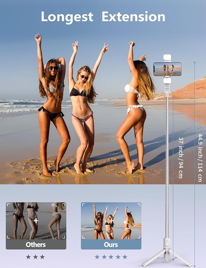 45'' Selfie Stick with Light, Travel Tripod Essentials with Wireless Remote | Portable Cell Phone Tripod Stand, Beach Cruise Ship Essentials for family, Compatible with 4-7.2" All Smartphone - Image 3