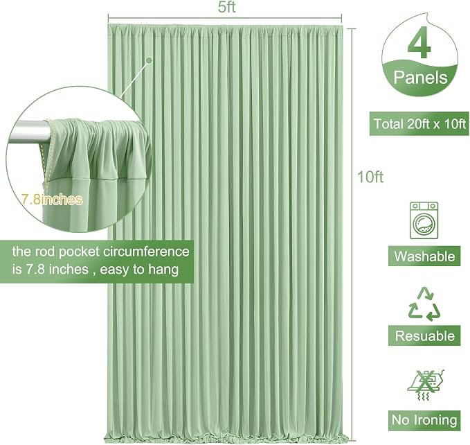 4 Panels Sage Green Backdrop Curtain for Parties Wrinkle Free Dark Green Photo Curtains Backdrop Drapes Fabric Decoration for Baby Shower Birthday Party Photography 20ft(W) x 10ft(H) - Image 6
