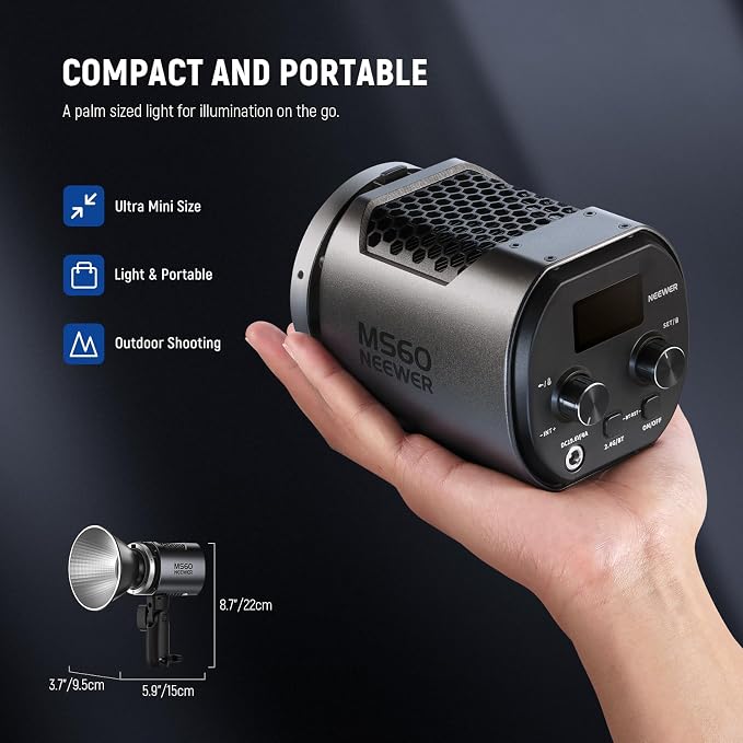 NEEWER MS60 LED Video Light with 2.4G/APP Control, 65W 5600K Daylight Mini COB Continuous Output Lighting, 40000lux/1m, CRI 97+/TLCI 98+, 9 Scenes, 0-100% PWM Dimming, Bowens Mount Adapter - Image 3