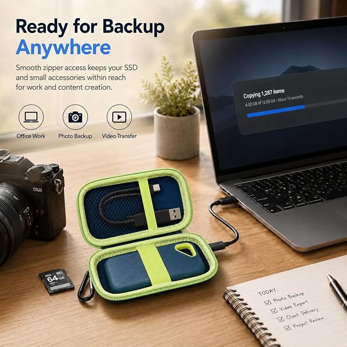 SSD Case for SanDisk Extreme Portable SSD & Extreme PRO, Hard Shell Protective Storage Bag with Carabiner, Fits 1TB 2TB 4TB 8TB External Solid State Drive for Business Travel (Green) | Elastic Strap Secures the SSD, Mesh Pocket Organizes Cables, Carabi... - Image 6