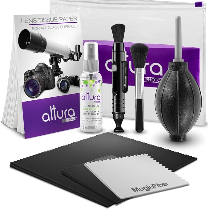 Altura Photo Camera Cleaning Kit, All-Natural Lens Cleaner, DSLR Mirrorless | Includes All-Natural Cleaner, Brush, Pen, Blower, Microfiber Cleaning Cloths & Tissue Wipes for Canon Nikon Sony DSLR Cameras by AlturaPhoto