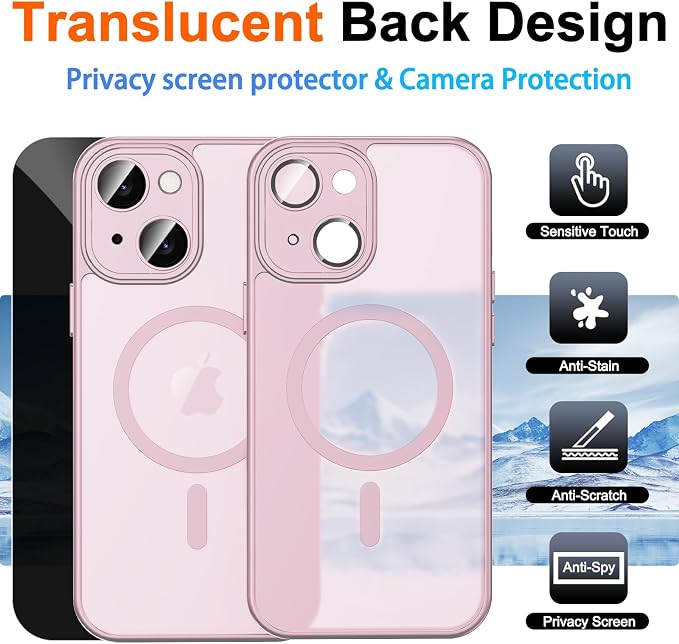 for iPhone 15 Case with Privacy Screen Protector, Pink | Full Camera Protection, Translucent Matte Magnetic, Compatible with MagSafe, Shockproof Phone Cover, Slim Fit Women/Girls - Image 2
