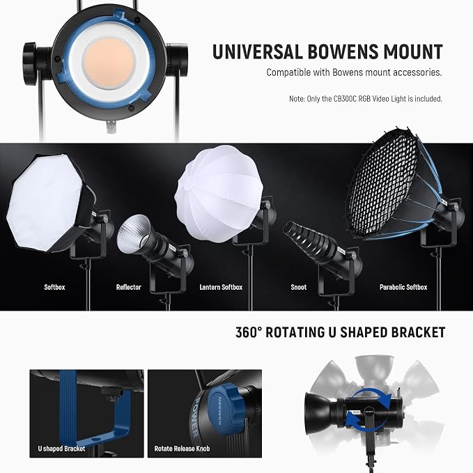 NEEWER CB 300C RGB LED Video Light with Reflector, 300W, APP/2.4G Control, 17 Scenes 29600Lux/1m 2500-7500K CRI97+/TLCI97+ Full Color Bowens COB Continuous Output Lighting Dimmable for Studio Filming - Image 9