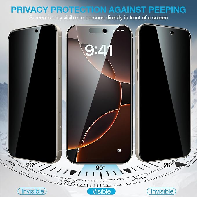 Fotbor [3+3 Pack Privacy Screen Protector for iPhone 16 Pro Max, 26° Anti-Spy & Blue Light Filter Tempered Glass with 3 Camera Lens Protectors, 3X Reinforced, Easy Alignment - Image 2