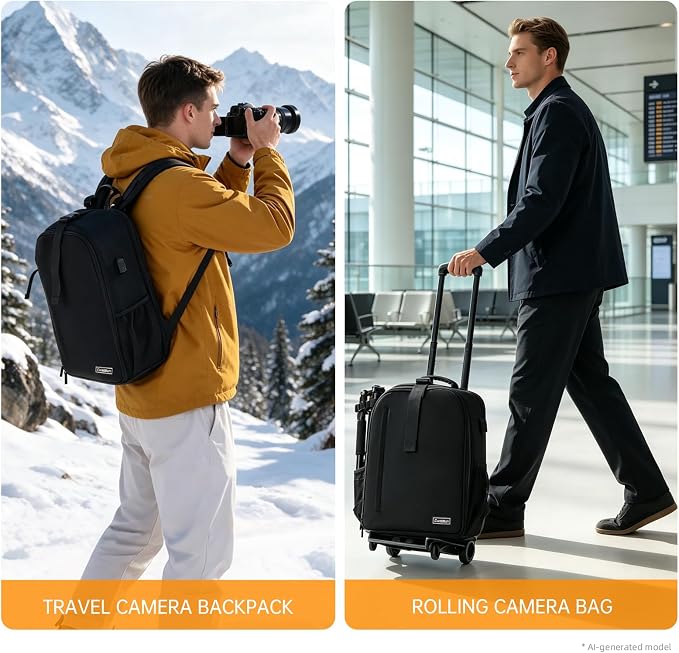 Cwatcun Camera Trolley Bag, Rolling DSLR Case with Removable Cart | Fits 2 DSLRbodies+3-5lenses+flash+15.6"laptop+tripod. 900D nylon, padded dividers, carry-on friendly, for city adventures. - Image 9