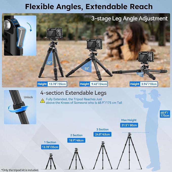 SIRUI AM-224S+G0 Carbon Fiber Mini Tripod, G0 Low Profile Ball Head | 31.5" Height, Lightweight, Metal Spikes, Tabletop, Macro Photography, Travel, Vlogging, DSLR, Mirrorless Camera - Image 2