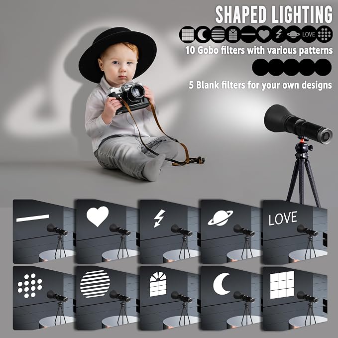 NiceVeedi 4-Color Handheld Photography Lighting Kit with 15 GOBO Filters & Tripod, 6000mAh Rechargeable Photography Flashlight with Diffusion, Zoomable Lighting for Video Recording/Sunset - Image 3