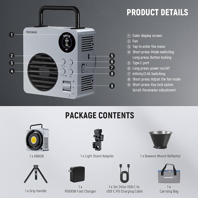 NEEWER 80W LED Video Light with 72Wh Battery & 100W PD Adapter APP/2.4G Control Portable Bi Color Mini COB Studio Continuous Output Lighting 25500lx/1m 2700-6500K 0-100% Dimming CRI95+ 13 Scene, HB80B - Image 9