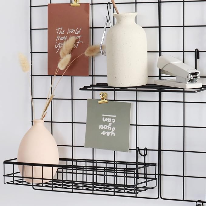 Wall Grid Panel for Photo Display,Wall Storage Organizer,5 Metal Clips & 3 S Hooks & 4 Nails & 4 Plastic Hanging Buckles and 4 Screws Offered,Size 17.5" x 11.8"，Set of 2 (Black) - Image 4