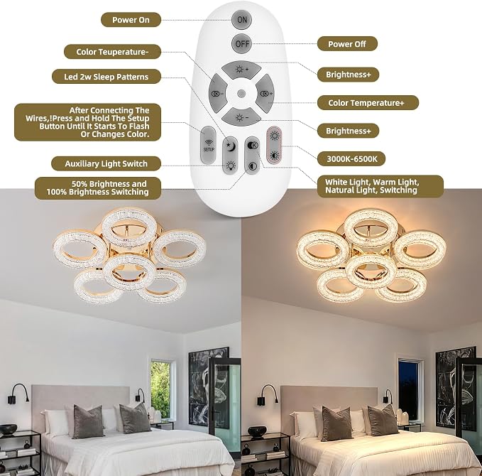 Modern Ceiling Light, 6 Rings 17.7'' Dimmable LED 60W Flush Mount Ceiling Lights with Remote Acrylic Crystal Round Ceiling Light Fixture, Bedroom Living Room Dining Room, Gold - Image 8