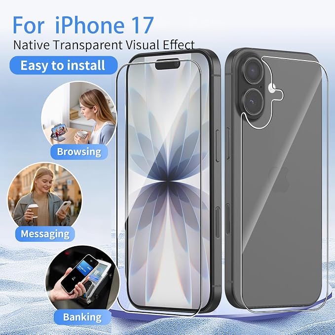 Front Screen and Back Protector for iPhone 17 with Camera Lens Protector | (2+2+2+1) 9H Hardness, Easy to Install with Alignment Tool,Anti-Fingerprint,Anti-glare - Image 2