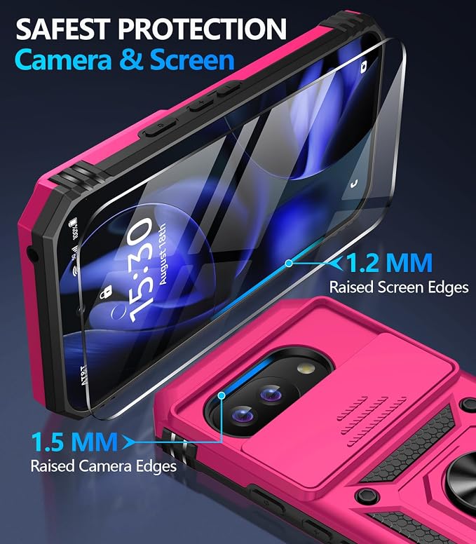 Taisairu for Google Pixel 9A Case with Screen Protector & Slide Camera Lens Cover,Built-in 360°Rotate Magnetic Ring Stand Shockproof Protective Phone Case for Google Pixel 9A Case(Hot Pink) - Image 7