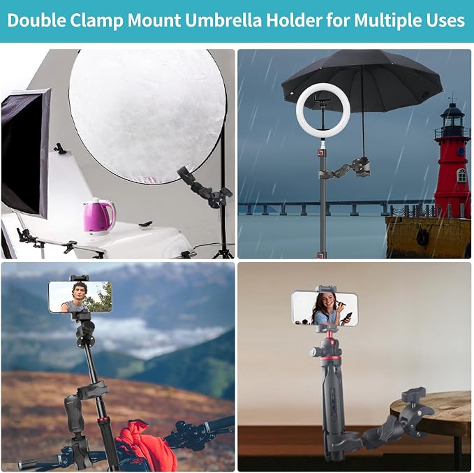 Double Clamp Mount Umbrella Chair Clamp with 360° Magic Arm, Umbrella Holder Clip for Chair Wheelchair Stroller Light Stand, Photography Reflector, Motorcycle, Live Scope Pole, Photo Boom Stand - Image 6