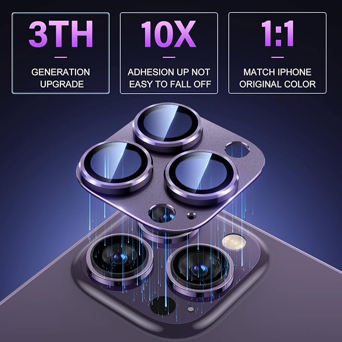 Uyiton for iPhone 14 Pro/iPhone 14 Pro Max Camera Lens Protector | Case-Friendly, Not Easy to Break, Military-Grade Sapphire Glass with Aluminum Metal Rear Camera Screen Cover, Purple - Image 2