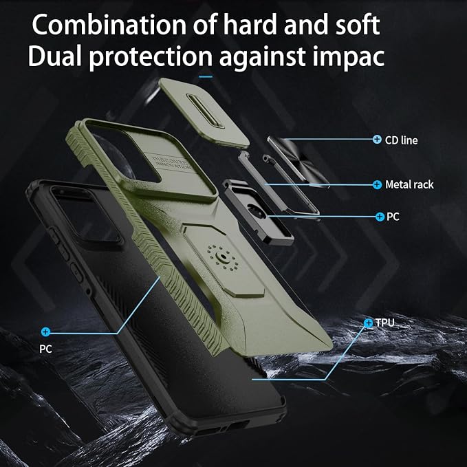 for Moto Edge 2024 Case,with Sliding Camera Lens Cover,HD Screen Protector,360° Rotating Ring Kickstand, Military-Grade Shockproof Protective Cover for Motorola Moto Edge 2024,Army Green - Image 4