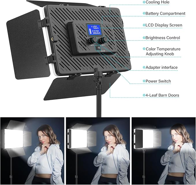 2 Pack Led Video Light Panel Lighting Kit with Barn Doors, 8000mAh - Image 3