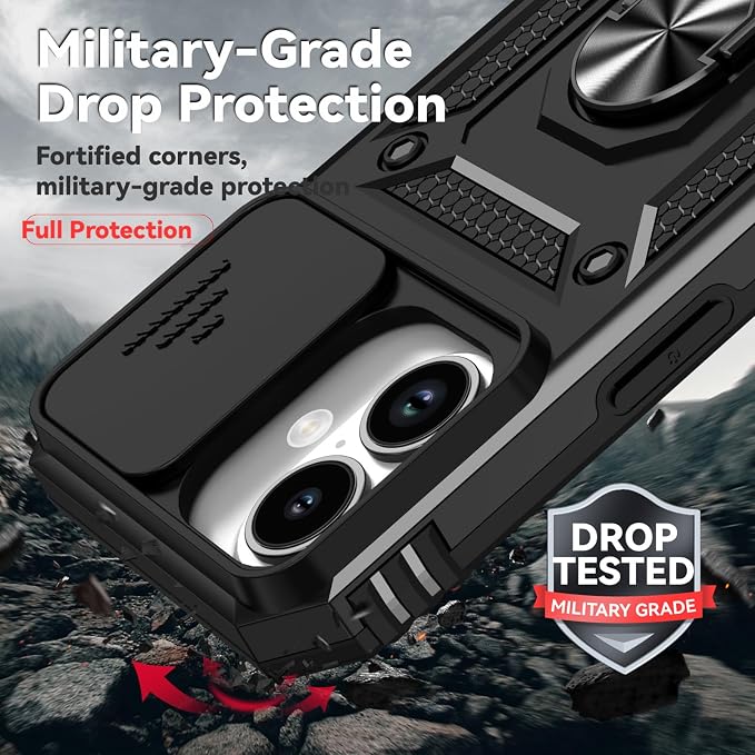 HNHYGETE for iPhone 16 Case with Screen Protector: [Military Grade 20ft. Drop Tested] Slide Camera Cover Ring Shockproof Protective Phone Case for - iPhone 16 (Black) - Image 3