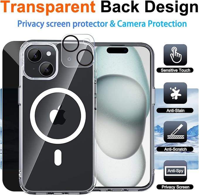 for iPhone 15 Case Clear with Privacy Screen Protector | Full Camera Protection, Transparent Magnetic, Compatible with MagSafe, Shockproof Phone Cover, Slim Fit - Image 2