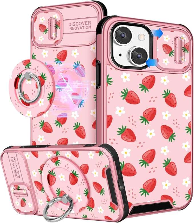 Buleens for iPhone 13 Case 6.1 Inch - with Ring Stand & Camera Cover Aesthetic Cute Designed for Women Girls Girly Pretty Strawberry for Phone Case for iPhone 13 Compatible with Magsafe by Buleens