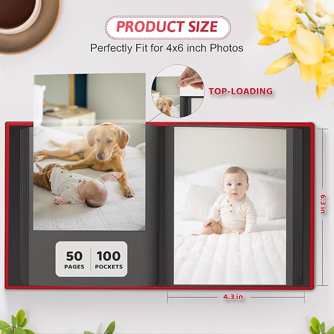 Popotop 4x6 Photo Album Holds 100 Pictures, Vegan Leather Hardcover | 100 Photos Capacity, Acid-Free Clear Slip-In Pockets, Compact Format, Front Photo Window, Gifts for Family Wedding Baby - Image 3