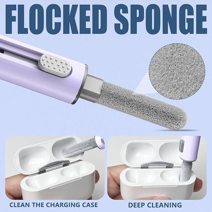 Inesore for AirPod Cleaning Kit, for Phone Earbuds Electronics (Purple) | Metal Tip, High-Density Soft Brush, Flocked Sponge Tip, 3 in 1 Design, Compact & Lightweight, Easy Operation, Easy to Carry - Image 3
