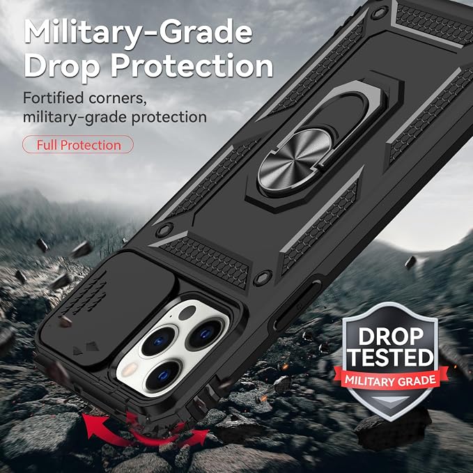 HNHYGETE for iPhone 12 Pro Max Case with Screen Protector: [Military Grade 20ft. Drop Tested] Slide Camera Cover Ring Shockproof Protective Phone Case for - iPhone 12 Pro Max (Black) - Image 3