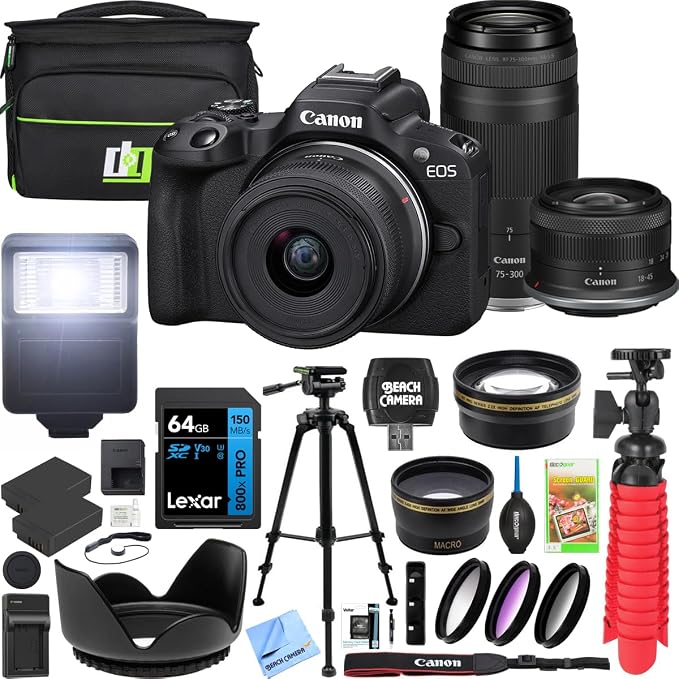 Canon EOS R50 Mirrorless Camera Body with 2 Lens Kit RF-S 18-45mm is STM and RF 75-300mm F4-5.6 Lens Bundle with Deco Gear Bag + 2 Battery +Tripod + Filters + Wide Angle & Telephoto Lenses & More by Unknown