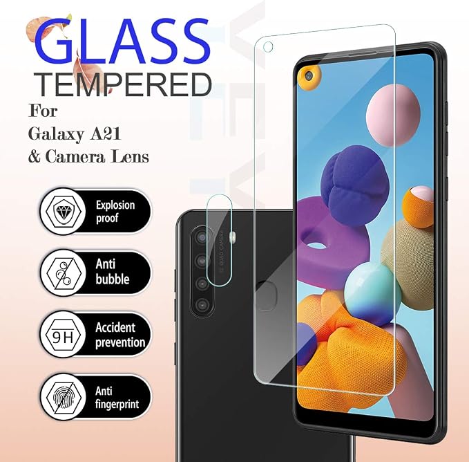 YEBF Galaxy A21 HD Clear Tempered Glass Screen Protector + Camera Lens Protectors by YEYEBF,[2+2 Pack] [3D Glass] [Anti-Glare] [Bubble-Free] Screen Protector Glass for Samsung Galaxy A21 - Image 2