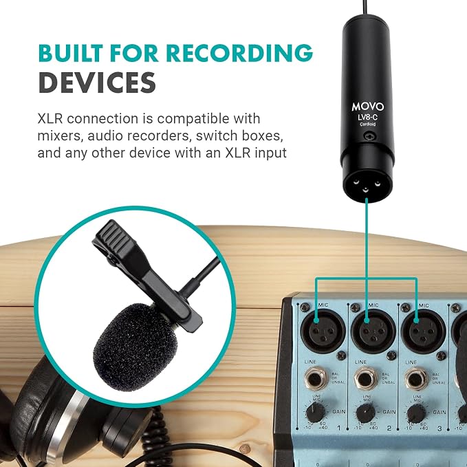 Movo LV8-C Broadcast-Quality XLR Lavalier Cardioid Condenser Wired Microphone with 12mm Mic Capsule for Accurate Voice Recording - Kit Includes Lapel Clip, Case and Windscreen - Image 6