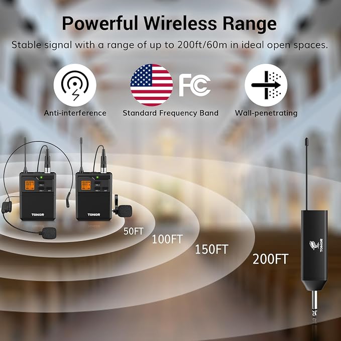 TONOR UHF Wireless Microphone System, 2 Sets Bodypack & Lavalier Mic | UHF Headset Lapel Mic, Rechargeable Receiver, 15 Channels 60 m/200ft Range 1/4" Output for Teaching, Recording ,Tour Guide - Image 2