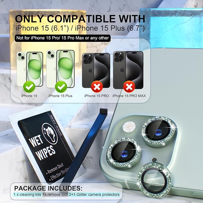 Choiche for iPhone 15/15 Plus Camera Lens Protector Bling, Glitter-Green | Ultra HD, 9H Tempered Glass Camera Cover Screen Protector Metal Individual Ring Decoration Accessories, 2-Lens, 6.1/6.7-inch - Image 2