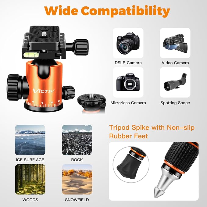 Victiv Camera Tripod, 80" Ball Head Tripod with Carry Bag & Phone Holder | Aluminum Heavy Duty Tripod Stand, 2-in-1 Camera Tripods & Monopods, Compatible for DSLR Binoculars Spotting Scope Telescope - Image 3