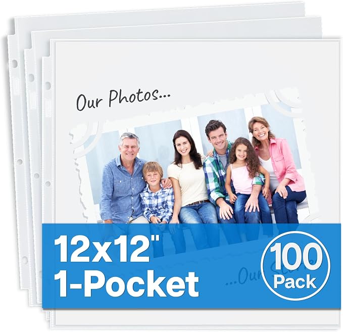 Dunwell 12x12 Photo Album Refill Pages, 100 Pack Sheet Protectors | 100-pack 12x12 photo album refill pages fit 3-ring and D-ring scrapbook binders for lasting photo storage. by Dunwell