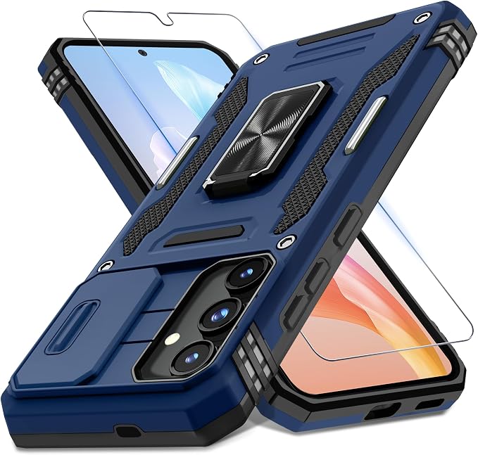 DEERLAMN Case for Samsung Galaxy S25 Plus/S24 Plus 6.7-Inch with Slide Camera Cover+Screen Protector(1 Pack), Rotated Ring Kickstand Military Grade Shockproof Protective Cover-Navy Blue by DEERLAMN