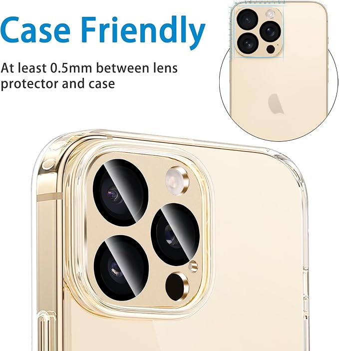 Camera Lens Protector for iPhone 13 Pro/iPhone 13 Pro Max Metal Camera Cover Film, 9H Tempered Glass, Anti-Scratch, Case Friendly - Gold - Image 6